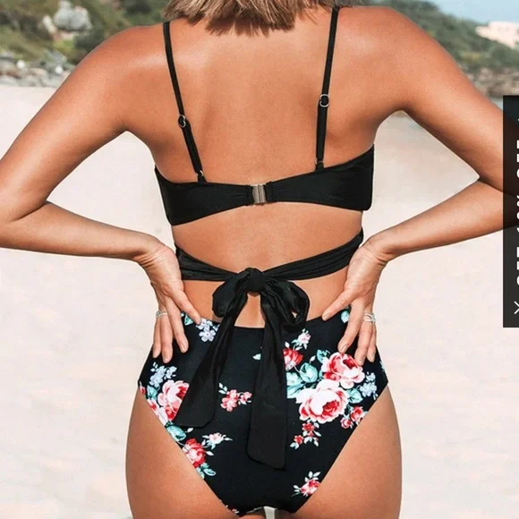 Black And Floral Wrap Cutout One Piece Swimsuit - Picture 2 of 4